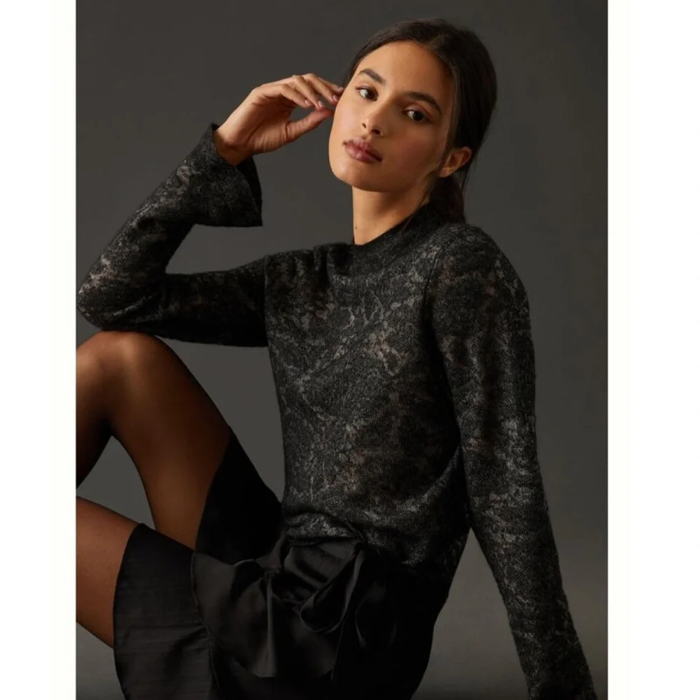 Anthropologie Hanna Lace Merino Wool Mock Neck Sweater in Black, Women's Small - Picture 3 of 9